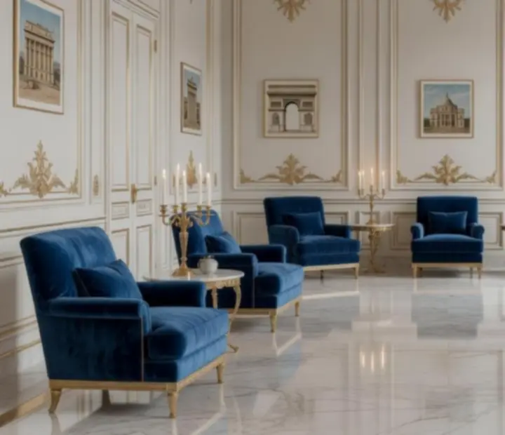Décor napoléonien avec marbre clair, bleu impérial et or champagne
