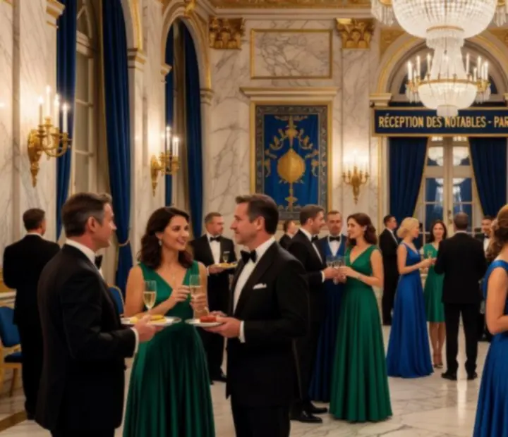 Invités échangeant lors d'une réception conviviale inspirée des salons impériaux.
