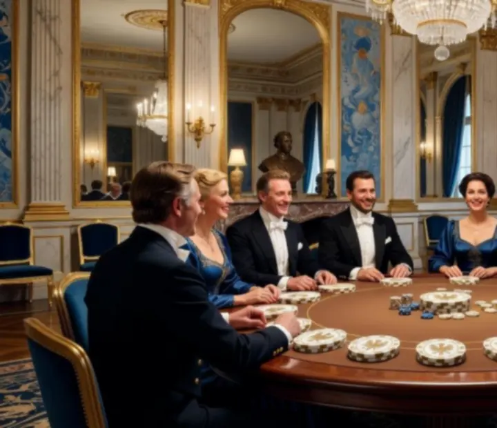 Vue d'ensemble d'une soirée poker récréative dans un décor impérial, avec invités souriants.